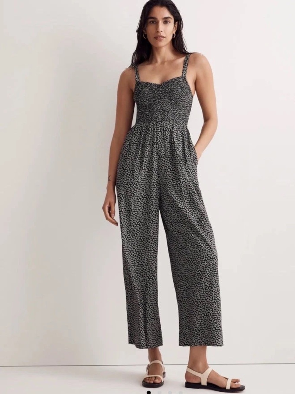 Madewell Black and White Smocked Jumpsuit